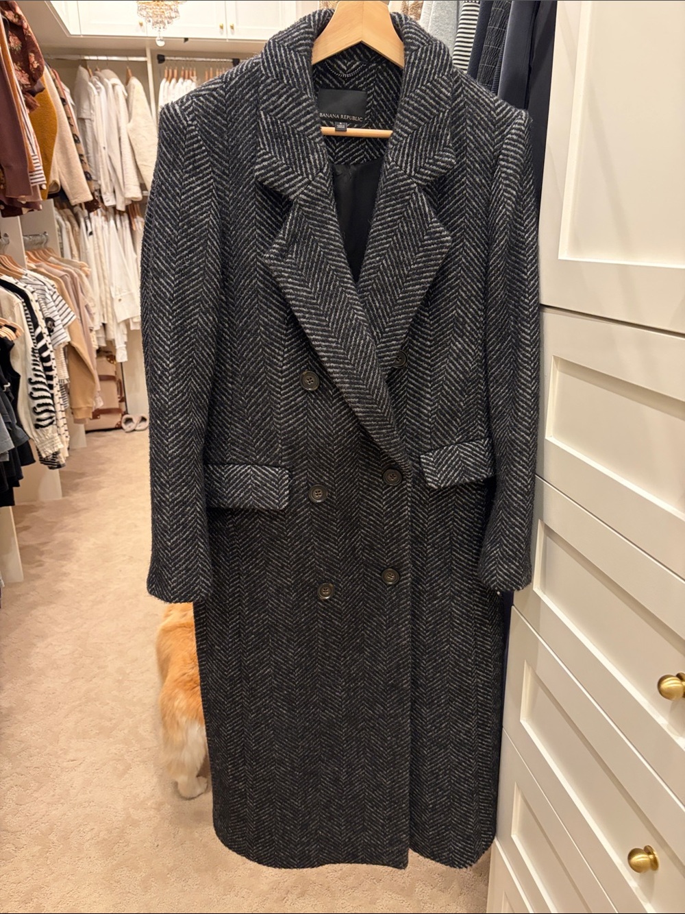 Banana Republic Wool Herringbone Double-Breasted Long Coat - Gray